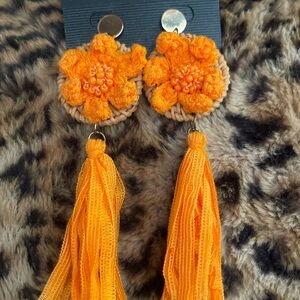 Orange Floral Tassel Statement Earrings